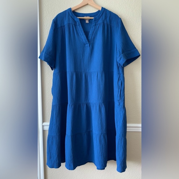 Chico’s 100% Cotton Gauze Tiered V Neck Blue Midi Dress Short Sleeve Size XXL - Picture 10 of 11